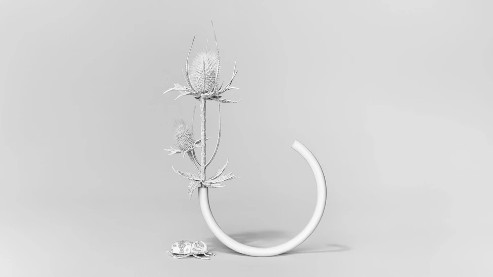 <p>Composition No.5 of the Boucheron Impermanence High Jewellery collection, incorporating the Thistle brooch, Thistle double finger ring and Rhinoceros Beetle brooch in a composite material vase</p>