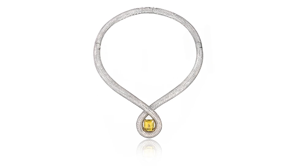 <p>B.P. de Silva The Grand Plush sapphire necklace with a 10.50-carat emerald-cut unheated yellow sapphire surrounded by 1,944 round brilliant-cut pavé diamonds, totalling 53.88 carats, set in 18k yellow gold and platinum</p>