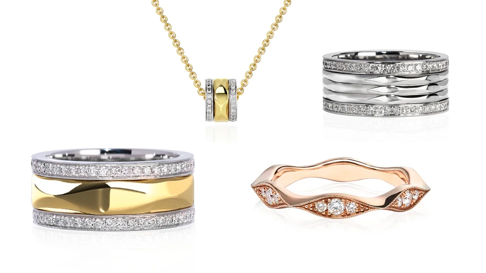 <p>B.P. de Silva jewellery from the Horizon collection including (clockwise from left to right) the Horizon Infinite band with round brilliant-cut diamonds in 18k gold, the Horizon Infinite pendant necklace, the Horizon Perpetual band with 1.03 carats of diamonds in 18k white gold, and the Horizon Caress diamond band in 18k rose gold</p>