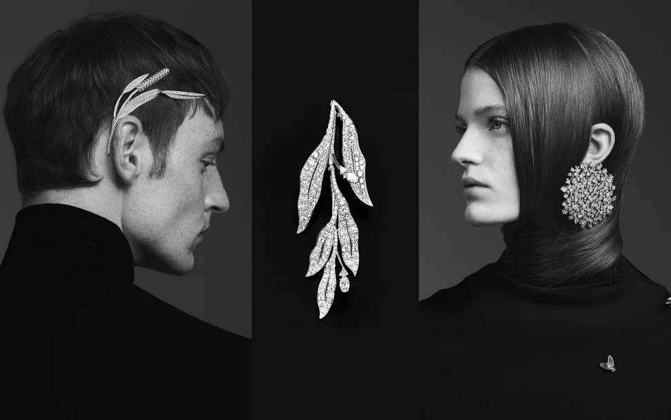 <p>Boucheron Roseau head jewel (left), the Cyclamen pendant earring (centre) and the Fleur de Carotte brooch, worn here as an earring, all with diamonds in 18k white gold, part of the Untamed Nature Histoire de Style 2025 High Jewellery collection </p>
