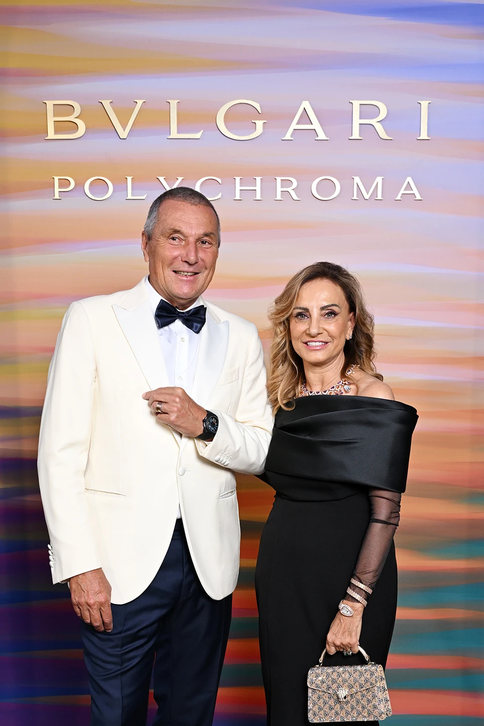 <p>Jean-Christophe Babin, CEO of LVMH Watches and CEO of Bvlgari, alongside Lucia Silvestri, Jewellery Creative Director of Bvlgari, at the launch of the Polychroma High Jewellery collection</p>