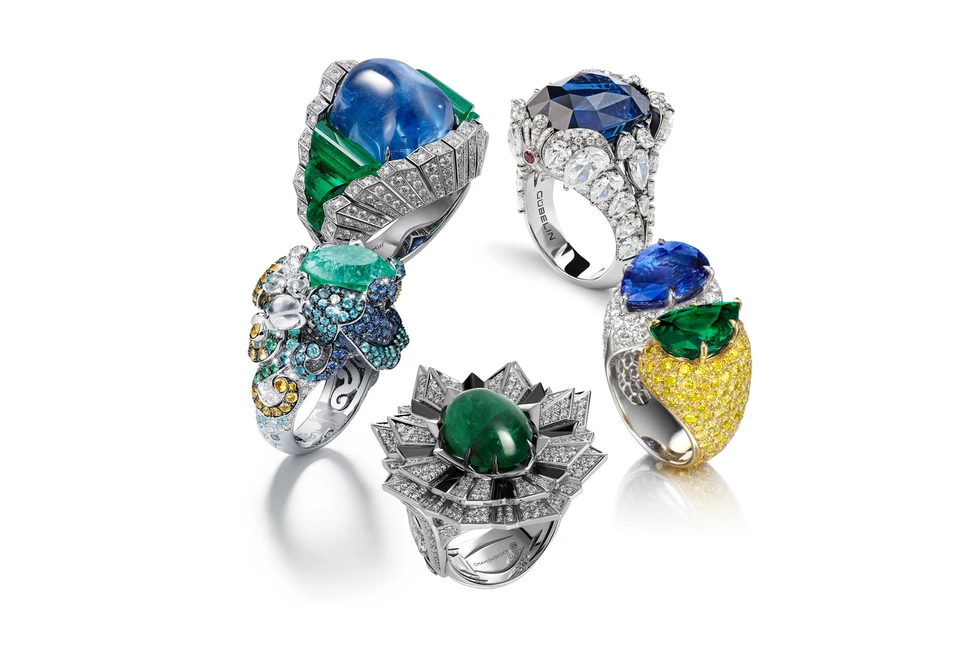<p>From top to bottom: Cartier &#8216;Resonances de Cartier&#8217; ring with sapphire, emeralds and diamonds; Gubelin Seahorse ring with sapphire and diamonds, House of Tabbah ring with sapphire, emerald, yellow and colourless diamonds, Chamovskikh ring with cabochon emerald and diamonds, Giampiero Bodino ring with Paraiba tourmaline, sapphires and diamonds</p>

