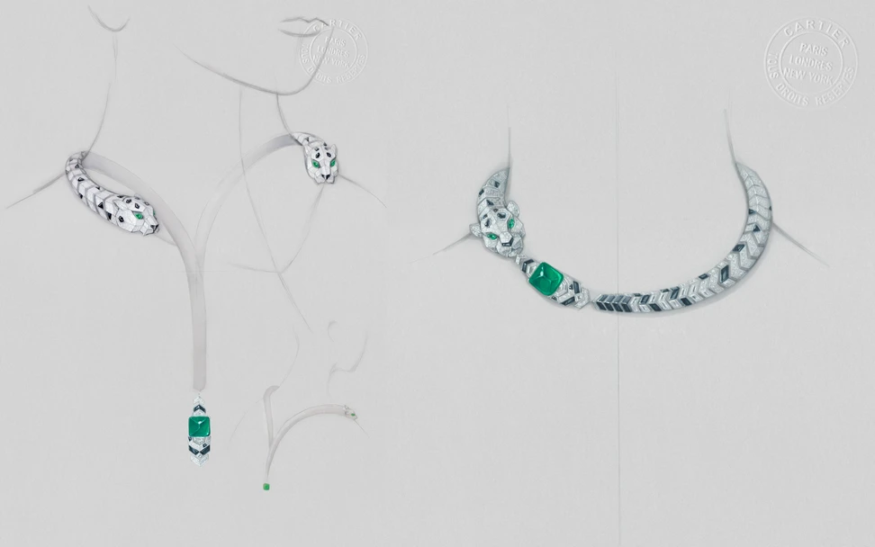 <p>A gouache painting of the Cartier Panthères Versatiles necklace crafted in white gold with a 10.10-carat Zambian cabochon emerald, onyx and diamonds, from the Nature Sauvage High Jewellery Collection Chapter III</p>