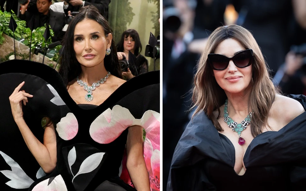 <p>Demi Moore wearing the Cartier Nature Sauvage Chloris necklace with 7.87 carats of emeralds at the Met Gala 2024 (left) and Monica Bellucci wearing the Cartier Nature Sauvage Chryseis necklace with a 63.76-carat rubellite at the Venice Film Festival 2024</p>