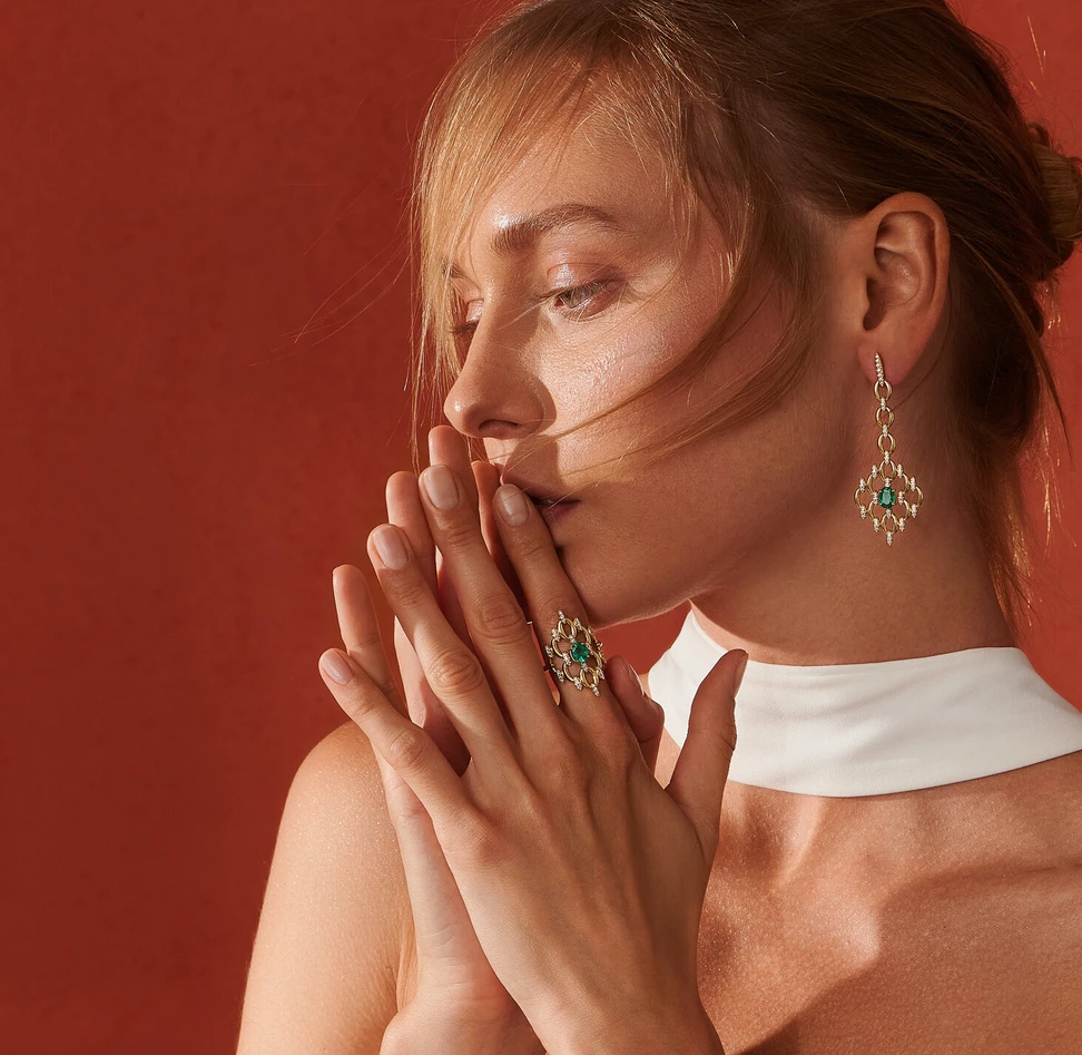 <p>A model wears pieces from the Kalypso collection by Dionysios Fine Jewels</p>

