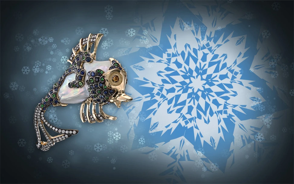 <p>Ekaterina Kostrigina Yellow gold Fish brooch with a baroque pearl, tsavorites, sapphires and diamonds</p>
