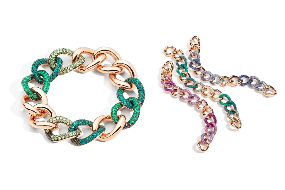 <p>Emerald and sapphire Tango chain bracelets by Pomellato</p>