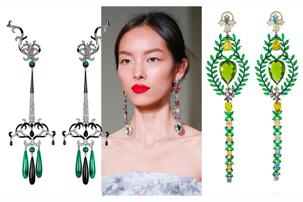 <p>From left to right: Dionea Orcini earrings, Oscar de la Renta catwalk, Lydia Courteille earrings</p>