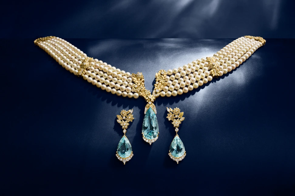 <p>Azza Fahmy Garden of Light necklace and matching earrings from the second chapter of the Tales of the Nile High Jewellery collection, set with pear-shaped aquamarines, diamonds and Japanese Akoya pearls in yellow gold </p>