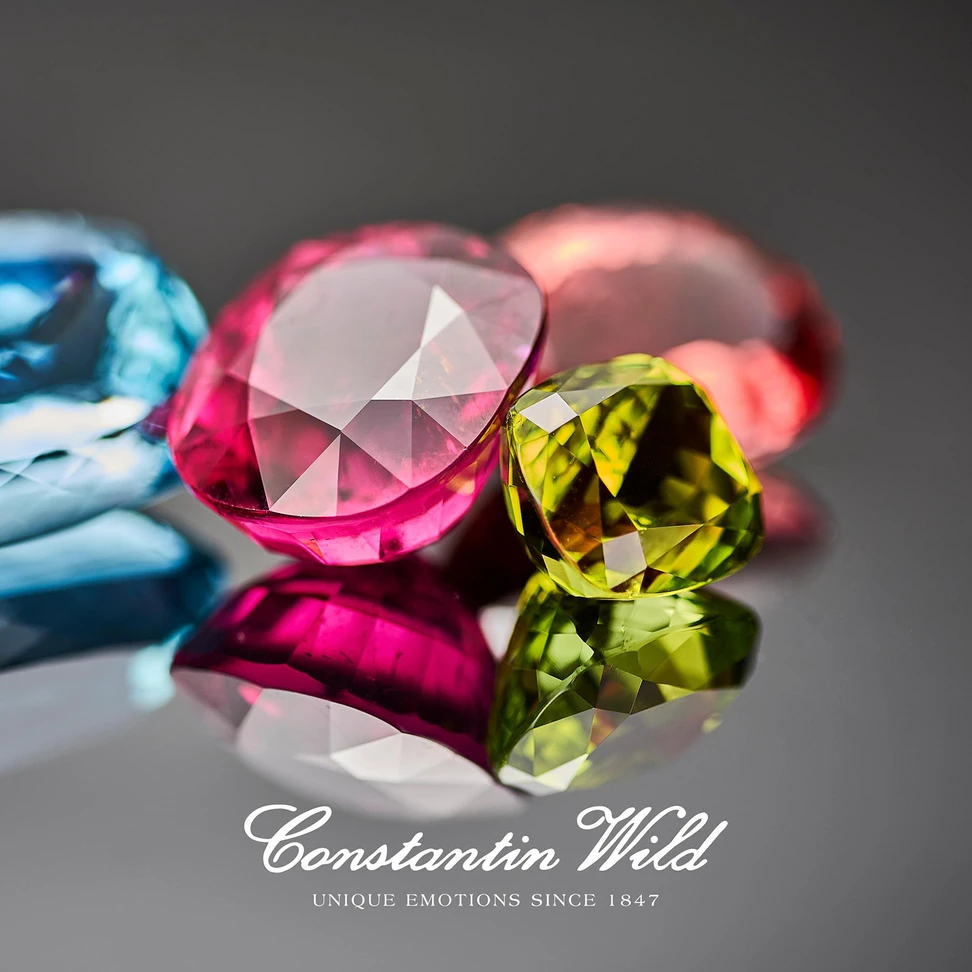 <p>Aquamarine, rubellite, Canary tourmaline and Imperial topaz colour arrangement by Constantin Wild  </p>
