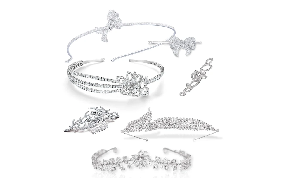 <p>Top to bottom: Graff diamond head band and a hair pin, Harry Winston diamonds head band and a hair clip, Tasaki diamond hair accessory, Messika diamonds tiara, David Morris diamond tiara</p>
