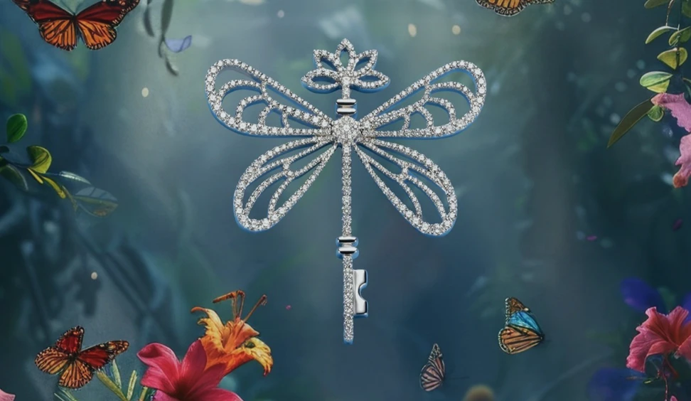 <p>Histoire d’Elle diamond pendant in the shape of its logo – a floral crowned dragonfly with a key-shaped tail </p>
