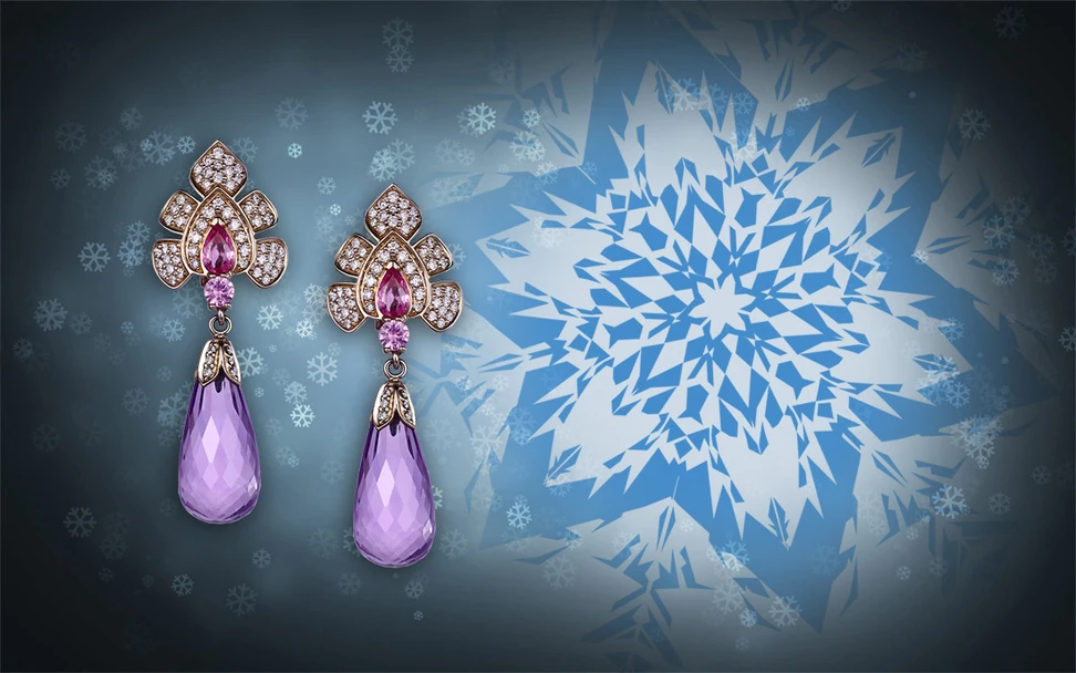 <p>ICHIEN Drop earrings in yellow gold with sapphires, diamonds and amethyst briolettes</p>
