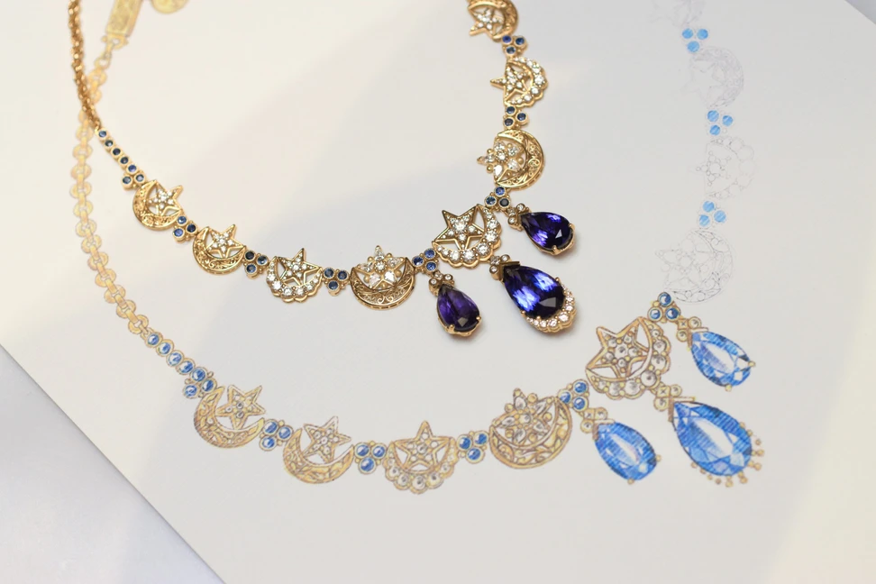 <p>Azza Fahmy Ottoman Star & Crescent necklace from the second chapter of the Tales of the Nile High Jewellery collection with pear-shaped tanzanites totalling 21.63 carats, diamonds and filigree gold </p>