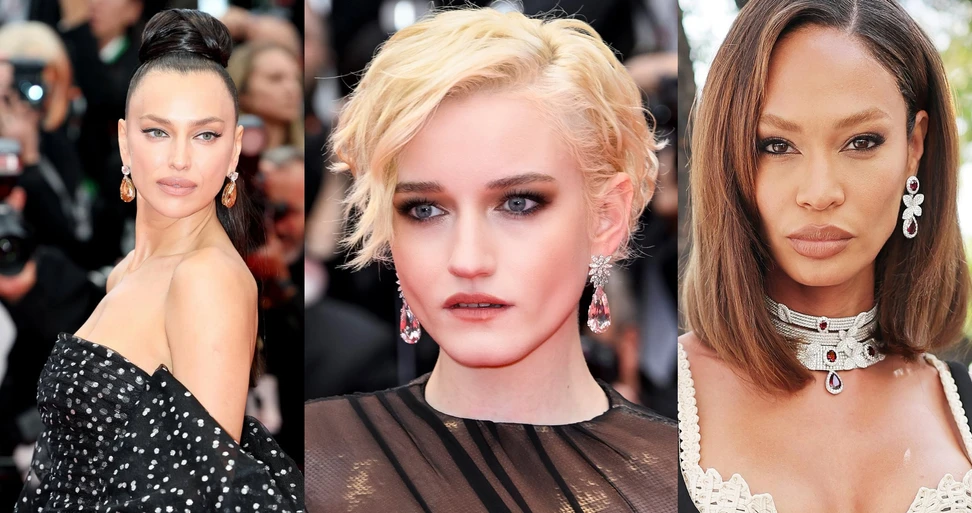 <p>From left to right at the Cannes Film Festival 2025: Russian model Irina Shayk in Anita Diamonds earrings with 60 carat pear-shaped deep brown-yellow diamond drops and seven carats of white diamonds; American actress Julia Garner in Pasquale Bruni Ghirlanda Atelier morganite drop earrings, set with white and grey diamonds, and Puerto Rican model Joan Smalls in a choker necklace from the Heart to Earth High Jewellery collection with rubies, rubellites and diamonds, also by Pasquale Bruni</p>
