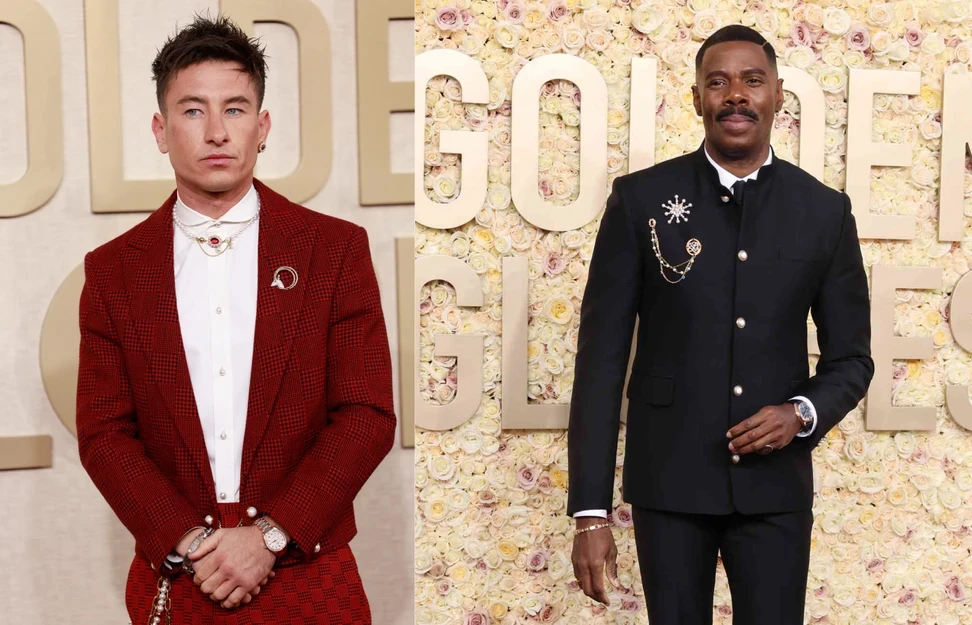 <p>Irish actor Barry Keoghan wears a diamond brooch by Tiffany & Co. on the red carpet while The Madness star Colman Domingo accessorises with David Yurman</p>