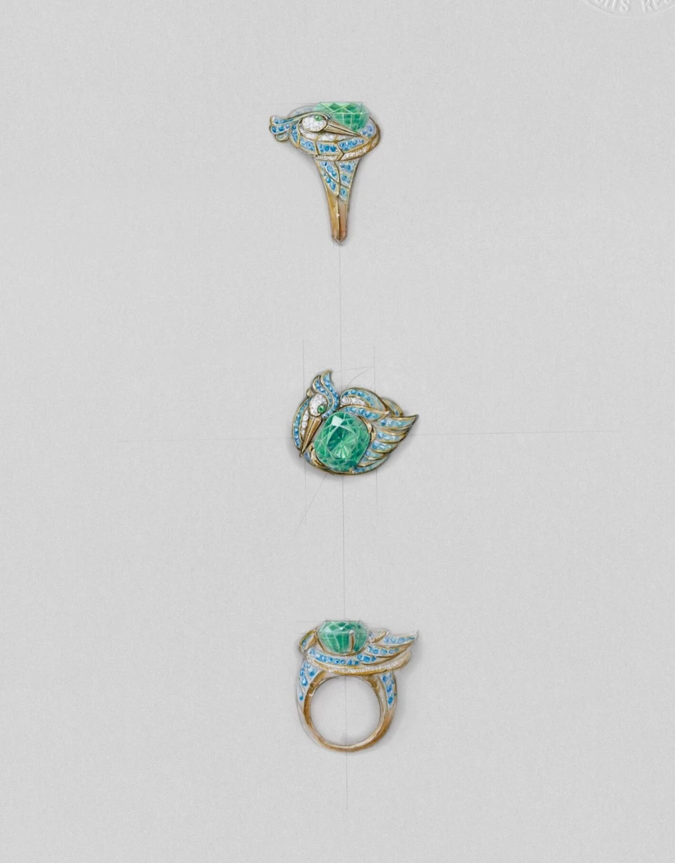 <p>A gouache painting of the Cartier Ispida ring in the shape of a kingfisher with a 15.21-carat greenish-blue tourmaline, blue sapphires and white diamonds, from the Nature Sauvage High Jewellery Collection Chapter III</p>
