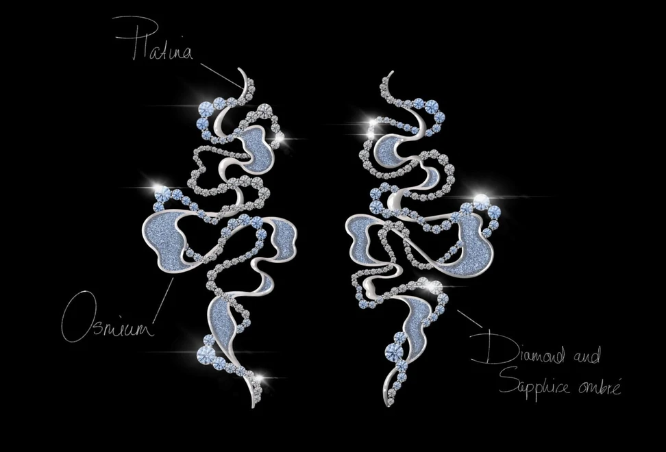 <p>Berke Henny’s Osmé earring design, awarded second place, incorporates osmium through fluid organic shapes with platinum accents</p>