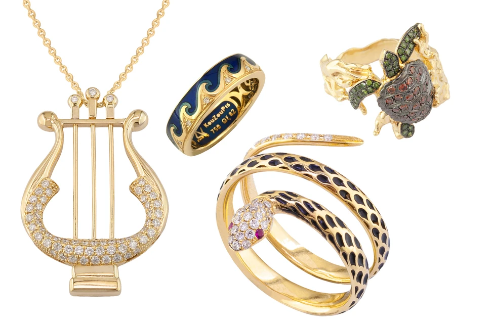 <p>A selection of Kouzoupis Jewellery creations with enamel and coloured gemstones in 18k yellow gold</p>
