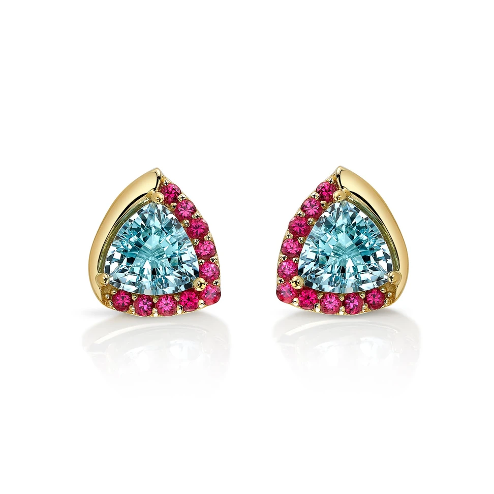 <p>Laura Gallon Joaillerie Helena earrings with 2.21 carats of Madagascan aquamarines and Burmese ‘Jedi’ spinels in 18k yellow gold </p>
