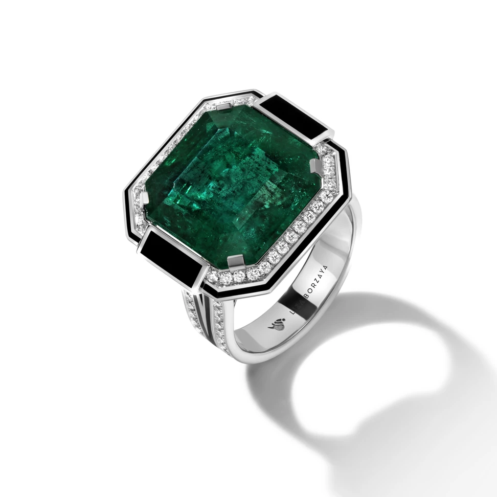 <p>Liza Borzaya ring with an octagonal-shaped emerald, black enamel and angular lines of diamonds, set in 18k white gold </p>