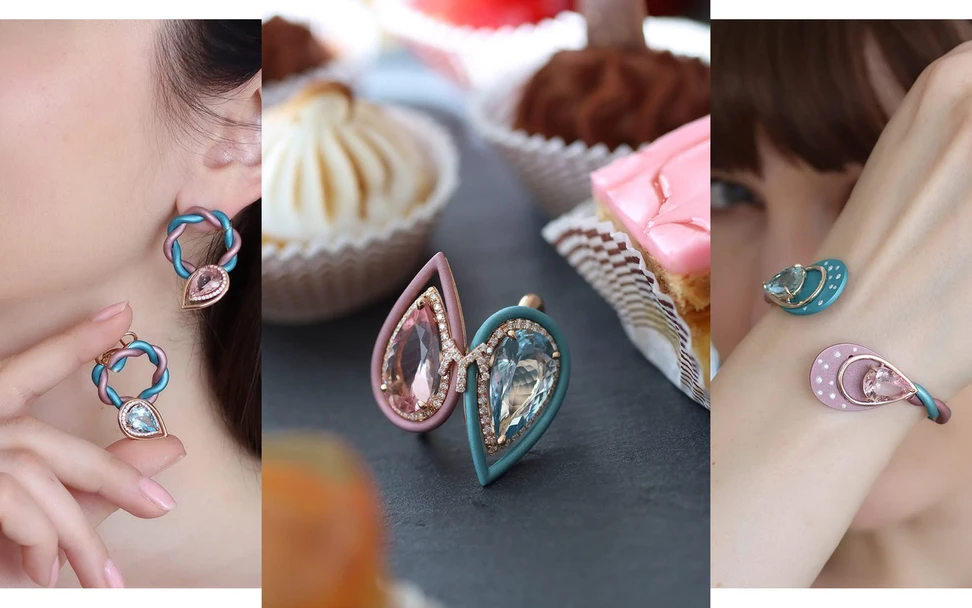<p>Katerina Perez wears the Mayiana Amour Pastel earrings (left) with a 3.09 carat pear-shaped morganite, a 2.96 carat pear-shaped aquamarine and diamonds set in 18k rose gold and pink and blue aluminium, shown here alongside the matching ring and bracelet</p>
