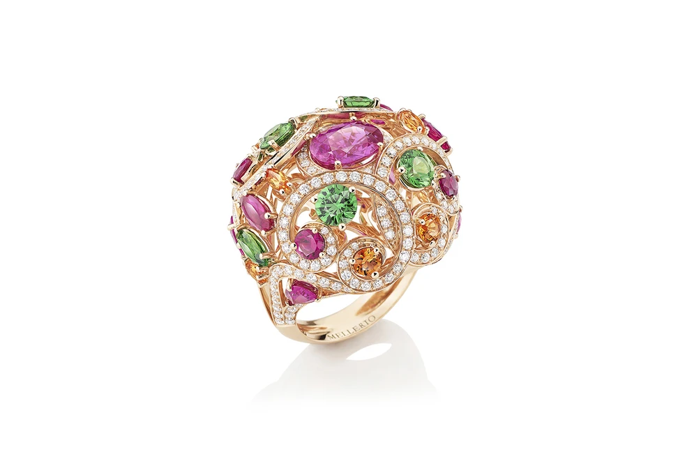 <p>Mellerio dits Meller ‘Millerfiora’ ring from the &#8216;Isola Bella&#8217; collection in pink sapphires, spessarite garnets, green tsavorites and diamonds</p>

