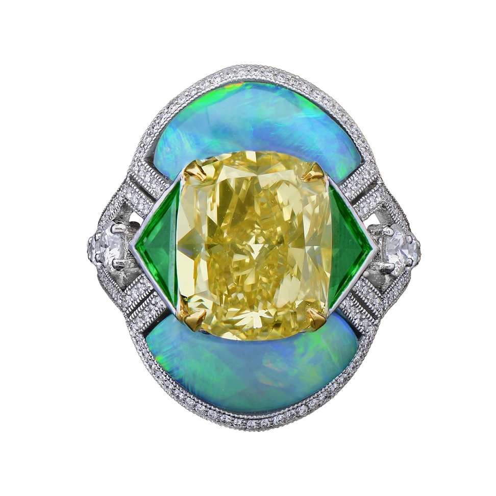 <p>Morelle Davidson ring with a 6.65 cts cushion cut yellow diamond, opals and deep apple green triangular-cut tsavorite garnets</p>