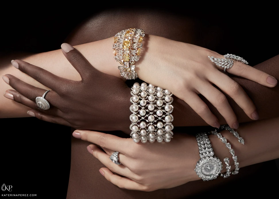<p>Clockwise from top to centre: Moussaieff cuff with 26.75ct fancy yellow diamonds and 48.02ct colourless diamonds, Messika ‘Angel’ Toi &amp; Moi ring with diamonds, Mousaieff bracelet with 34.90ct pear cut diamonds, David Morris watch with diamonds and mother of pearl dial, De Beers &#8216;London&#8217; ring from the &#8216;Thames Path&#8217; collection with pear cut feature diamond and accenting diamonds, Boucheron &#8216;Soliel Radiant&#8217; ring with diamonds and 18k white gold, YOKO London cuff with Akoya pearls and 10.41ct diamonds</p>
