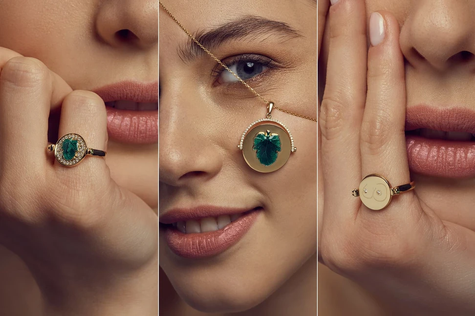 <p>NeverNot Hide n Seek collection Ready 2 Tease ring and Ready 2 Discover pendant, both with diamonds and malachite in yellow gold</p>