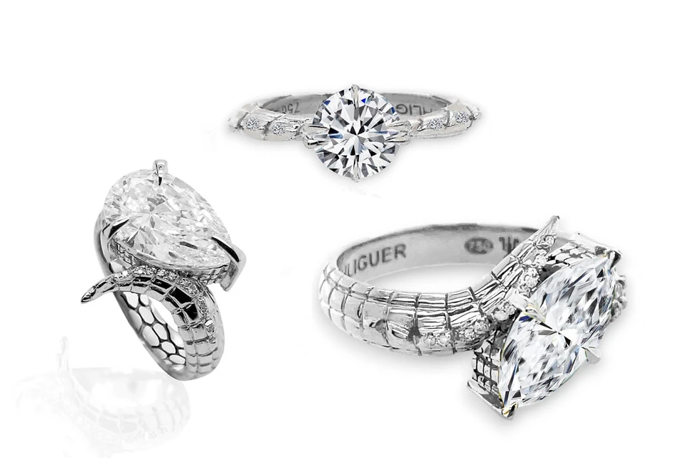 <p>Creations from The Croc collection by Australian brand Ohliguer, including the Croc Tail marquise-cut diamond ring in 18k white gold (right)</p>
