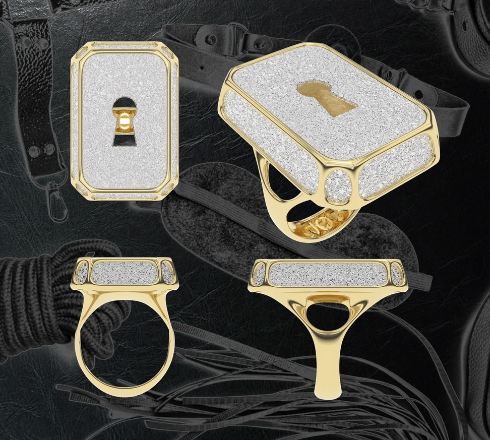 <p>Pasquale Rossi’s The Gaze of the Digital Age ring design awarded third place features an octagonal osmium lock</p>