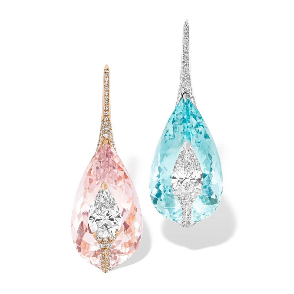 <p>Pear-shaped diamonds gently overlap vibrant pear-shaped morganite and aquamarine, showcasing Boghossian’s innovative &#8216;Kissing&#8217; technique in these elegant earrings</p>
