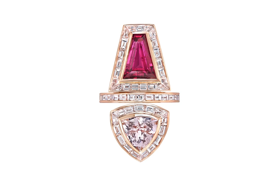 <p>The Blossoming Heart Superwoman ring by Sabine Roemer, set with a 2.62-carat morganite, a 2.88-carat rubellite, and 5.29 carats of baguette-cut diamonds in 18k rose gold </p>