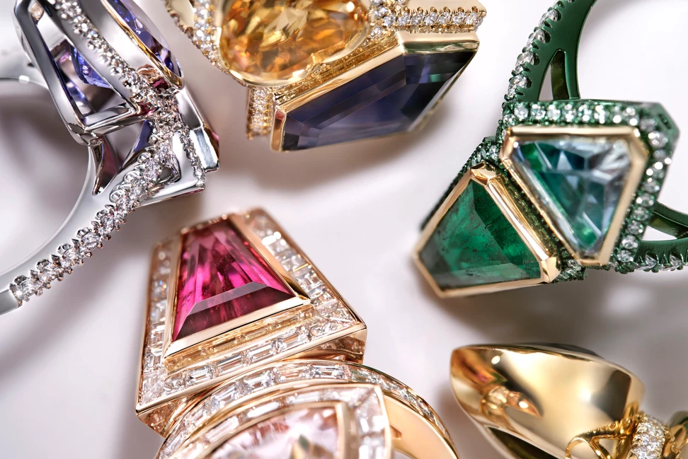 <p>A selection of colourful Superwoman rings by German jewellery designers, Sabine Roemer</p>