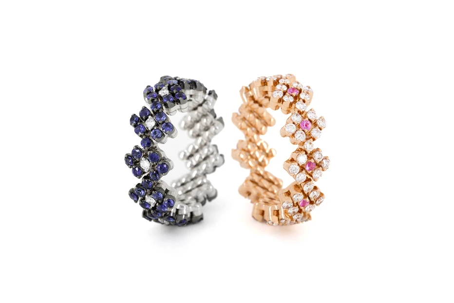 <p>Serafino Consoli Multi-Size Flower rings from the Brevetto collection with diamonds and coloured sapphires </p>