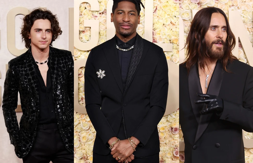 <p>Timothée Chalamet in a black ceramic and diamond necklace by Cartier; singer-songwriter Jon Batiste in Tiffany & Co.; Jared Leto in a Panthère de Cartier necklace</p>