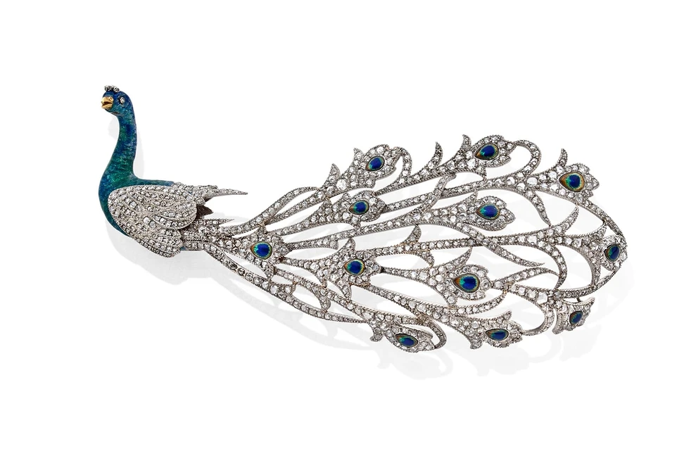 <p>Charles Mellerio peacock brooch with diamonds and enamel circa 1910</p>