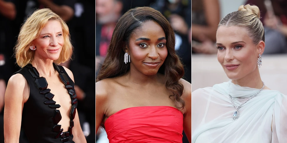 <p>Jewellery looks of the Venice Film Festival 2025, including (from left to right) Cate Blanchett in a pair of Louis Vuitton Optimisme High Jewellery earrings, Ayo Edebiri in a pair of diamond earrings by Chanel High Jewellery, and Lady Eliza Spencer in jewels from the Damiani Mimosa collection</p>
