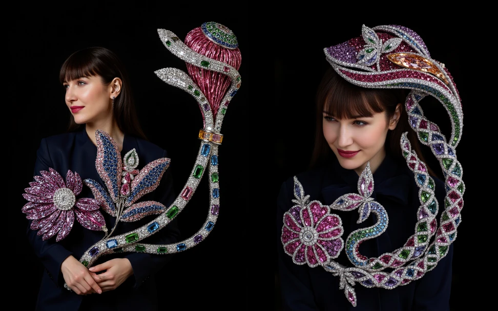 <p>Interpretations of Katerina Perez in a ‘Diamond Garden’ created by AI artist Anastasia Rogozhina of @ai.castle on Instagram</p>