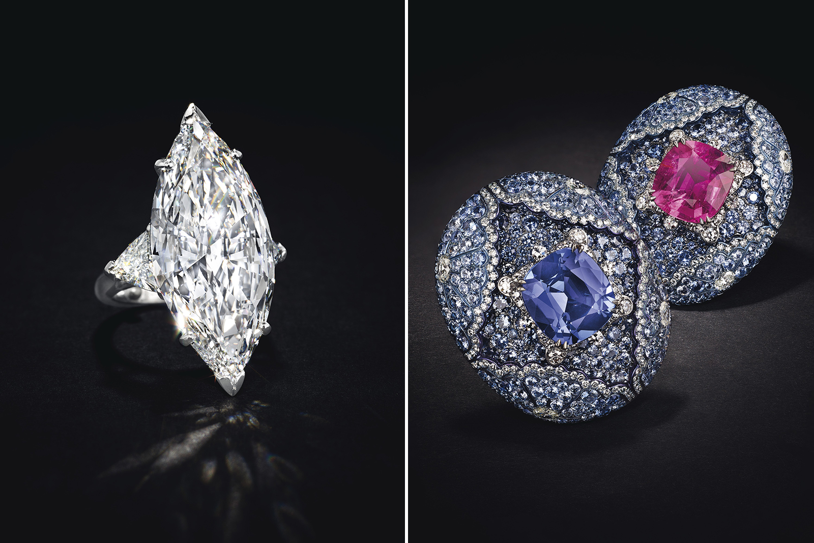 Слева: кольцо с бриллиантом цвета D весом 16.69 карата. Справа: серьги Carnet с рубеллитами, танзанитами, сапфирами и бриллиантами