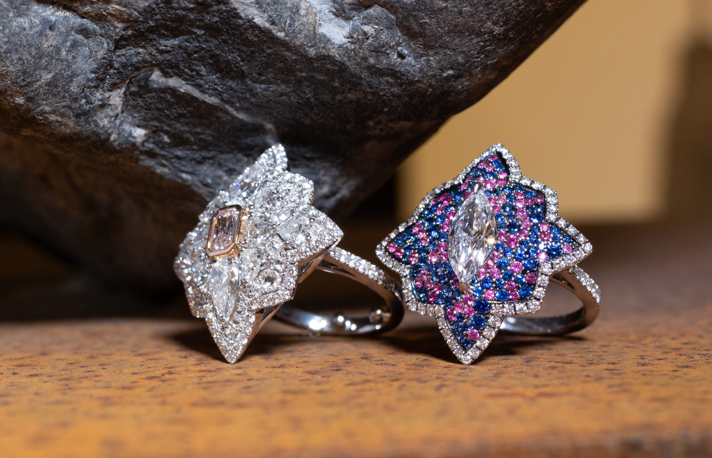 ZARIG Aurelia pink diamond cocktail ring (left) and the Aurelia ring with a 1.12-carat marquise-cut diamond