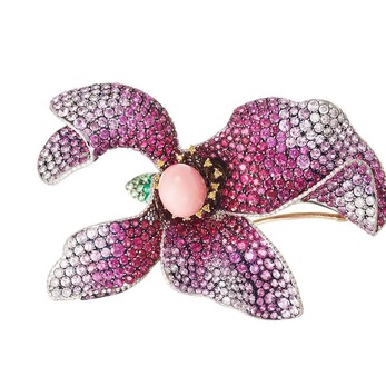 'Lily' brooch with conch pearl, sapphires, tsavorite and diamonds
