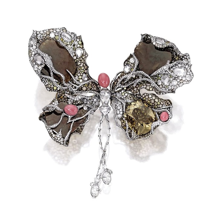2014 Masterpiece 'Ballerina Butterfly' brooch with conch pearls, yellow, brown and colourless diamonds in titanium and 18k white gold
