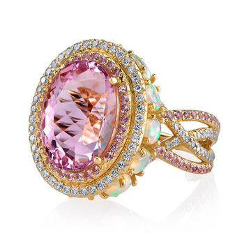 Erica Courtney ‘Crossover’ ring with 11.19ct imperial pink topaz, opal,  pink sapphire and diamonds and 18k yellow gold