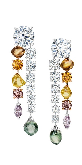 'Vulcan' earrings with two 1.50ct round cut diamonds and coloured diamonds in platinum