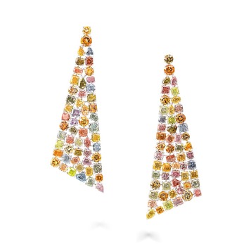 Earrings with 63.38 carats multi-coloured fancy and fancy intense diamonds in platinum