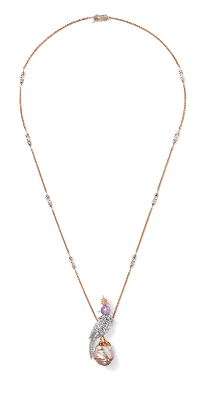 <p>Tiffany &amp; Co. Bird on a Pearl high jewellery pendant in platinum and 18k rose gold with a white and light orangy brown baroque natural saltwater pearl of 14.37 carats, a star sapphire and diamonds</p>
