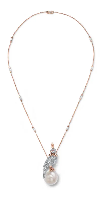 <p>Tiffany &amp; Co. Bird on a Pearl high jewellery pendant in platinum and 18k rose gold with a white and cream baroque natural saltwater pearl of 29.25 carats, Fancy Brown diamonds, rubies and diamonds</p>
