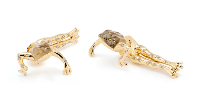 Bibi van der Velden Enchanted Forest Hanging Frog earrings in 18K yellow gold with rock crystal, abalone and diamonds